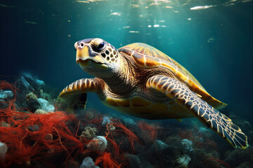 Obraz premium Fighting plastic waste, A sea turtle in a polluted ocean, symbolizing the struggle against plastic pollution and its devastating effects on marine animals. AI Generative.