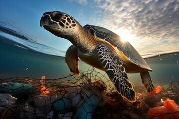 Plastic's threat to ocean life, A sea turtle amidst polluted waters, underscoring the alarming issue of plastic pollution and its consequences for marine ecosystems. AI Generative.