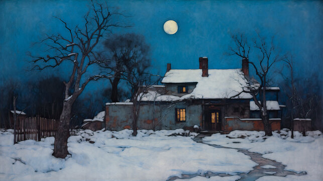 Oil painting of a house on a winter night