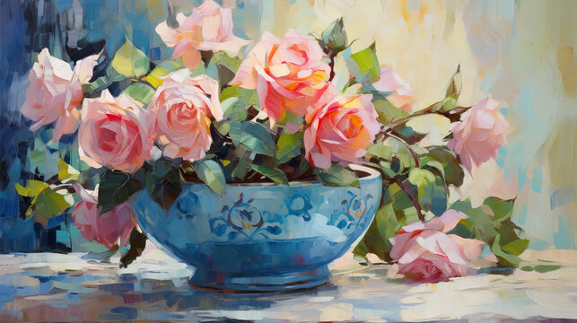Roses in a blue vase. Illustration in oil painting style
