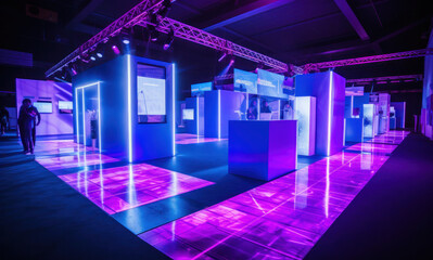 Exhibitor blue pink neon stand at tradeshow, project visualisation.