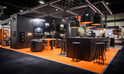 Exhibitor orange grey stand at tradeshow, project visualisation.