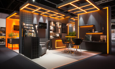 Exhibitor orange grey stand at tradeshow, project visualisation.