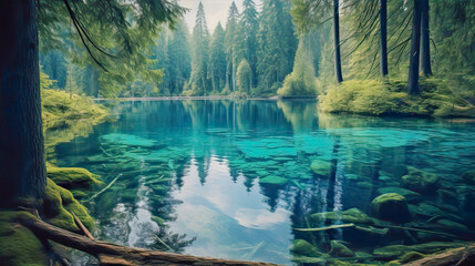 Beautiful lake with clear turquoise water in the forest
