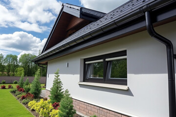 House with New Seamless Aluminum Rain Gutters home facade outdoor - obrazy, fototapety, plakaty