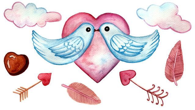 Set of different symbols of lovers isolated on white background. Watercolor. Couple of doves kissing, heart on background. Clouds, feathers, heart chocolate candy, cupid's arrows with heart shaped tip