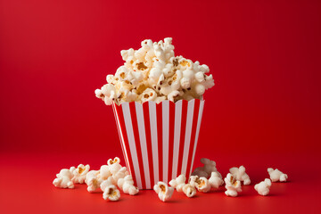 An isolated illustration of a big, red, classic cinema bucket filled with colorful, delicious popcorn. Entertainment and indulgence in one icon. AI Generative.