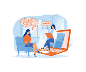 online psychological help and support service, psychologist and her patient having video call using modern technology app. flat vector modern illustration
