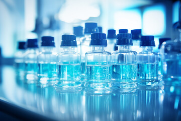 Macro shot of Laboratory bottles with blue content and a syringe