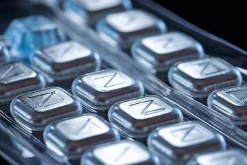 Macro shot of Tablets in a silver blister packs close up - obrazy, fototapety, plakaty