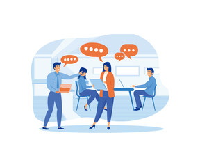 Work talk and discussion. People in office having business conversation with speech bubbles and digital devices in hands.  flat vector modern illustration 