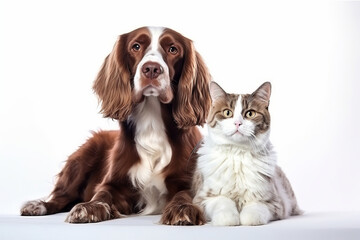 A purebred dog and a cute kitten, sitting harmoniously in an indoor portrait. Their love, joy, and perfect harmony in this heartwarming image is AI Generative.