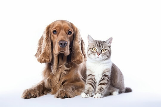 Purebred dog and cute kitten sit happily together, their furry friendship in a heartwarming indoor portrait. Harmony, love, and joy between furry friends is AI Generative.