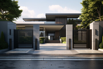 Modern gate grey steel design home portal of private house - obrazy, fototapety, plakaty