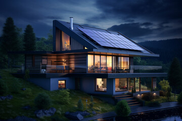 Modern house with solar panels and green roof at night