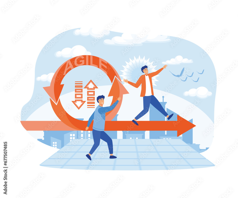 Poster agile development methodology. agile life cycle icon vector. people running to success. flat vector 
