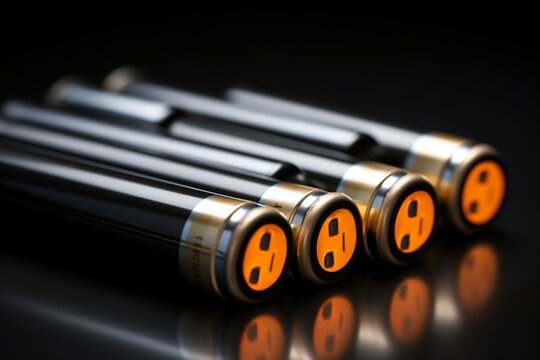 New AA batteries on dark background, closeup, Space for text