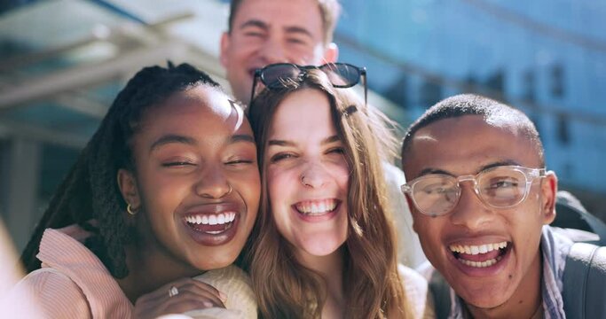 Laugh, friends and face selfie of students with smile for social media, online post and memory. Profile picture, diversity and portrait of group of people for education, studying and college fun