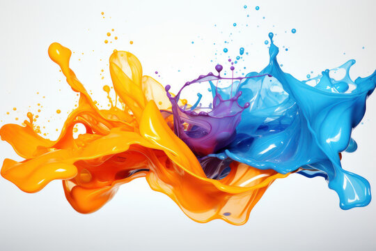 Dynamic explosion of multicolored liquid in the air against white background. Isolated splatter elements add artistic creativity and grunge texture. Abstract concept. Is AI Generative.