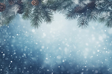 Fototapeta na wymiar A festive Christmas background with pine cones and snowflakes on a pine tree branch. Perfect for holiday cards and winter-themed designs. This description is AI Generative.