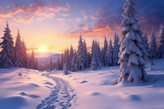 A serene winter scene with snow-covered trees, the setting sun, and a frozen lake. The calmness and beauty of a snowy nature asset. This description is AI Generative.