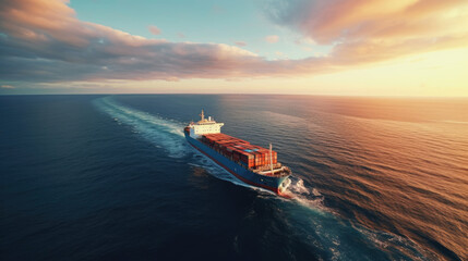 A cargo ships journey across the boundless sea,  seen from above - obrazy, fototapety, plakaty