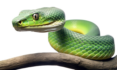 Green exotic snake specie on tree branch isolated on the transparent background PNG