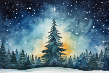 冬の夜の水彩画 - obrazy, fototapety, plakaty