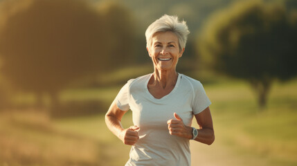 Smiling active senior woman jogging running and walking doing fitness in the park