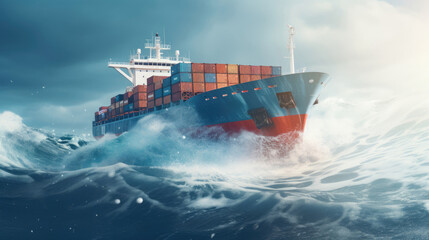 A cargo ship plowing through the waves,  carrying goods across continents