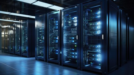 Server racks digital business in a large data center warehouse filled with boxes.