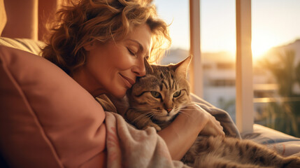 Portrait of senior woman holding cute cat. Female hugging her cute long hair kitty. Background, copy space, close up. Adorable domestic pet concept. - obrazy, fototapety, plakaty