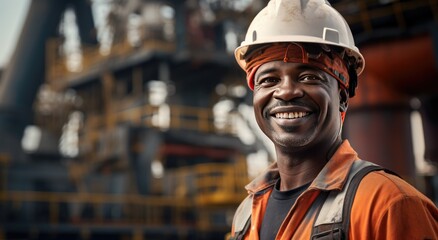 Smiling oil worker in front of rig.