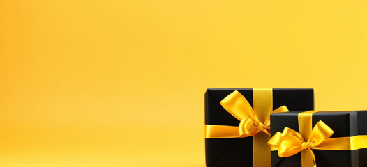 two black gift boxes with yellow ribbon bow on yellow background with copy space, Christmas banner template, header design