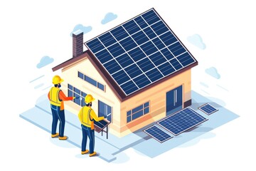 Solar installers installing solar panels on a house.