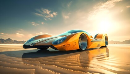 Auto steht auf einer Salzsee Wüste nach einem Rekordversuch / Hochgeschwindigkeits Test / Auto Rekord / Ai-Ki generiert - obrazy, fototapety, plakaty