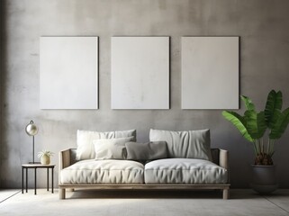 Three blank poster canvases frame mockup are shown in a room with a gray sofa.