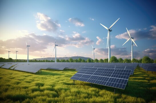 Solar panels with windmills in a grassy field.