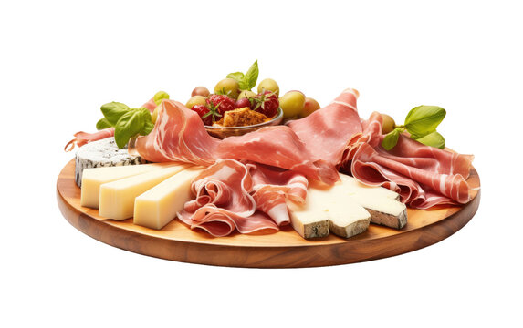 Artisan Cheese And Prosciutto Platter On Isolated Background