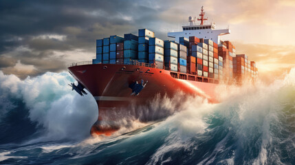 A container cargo ship cuts through the waves,  a vital link in supply chains