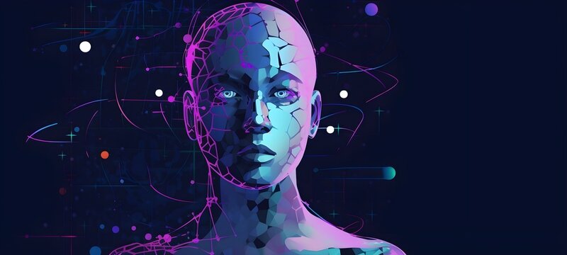 Halbes KI Gesicht mit futuristischem Cyber Design
