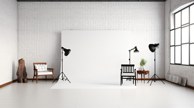 Photo studio on white wall
