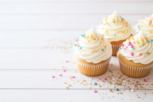 Vanilla buttercream cupcakes with sprinkles, on a white wooden table