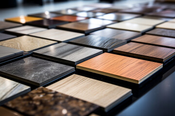 Wood flooring samples selection in rack in retail store - obrazy, fototapety, plakaty
