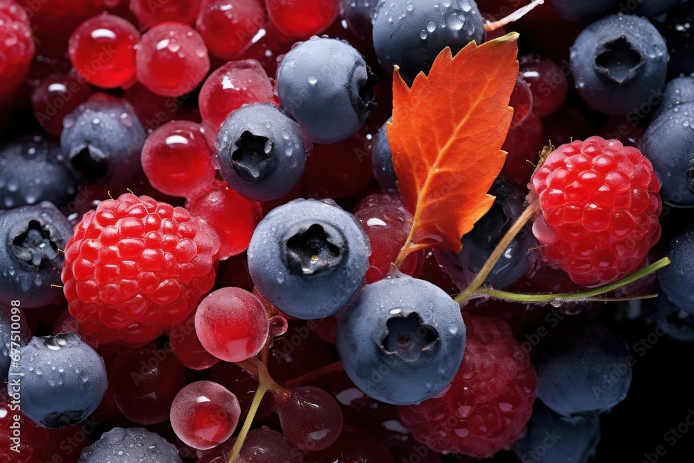 Poster Frozen Berries and Fruits: Macro shots of frozen berries or fruit encased in ice can be visually captivating. - Generative AI