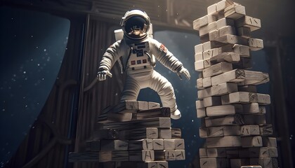 Astronaut steht auf einem Stapel Holz Balken / Abstrakte Fantasie Raumfahrt Illustration / Cooles Raumfahrt Wallpaper / Astronaut balanciert / Ai-Ki generiert