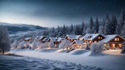 Serene Christmas paper background depicting a snowy winter wonderland with glistening snow covering trees and houses, capturing the magic of a peaceful winter night.