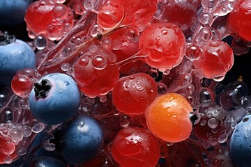 Frozen Berries and Fruits: Macro shots of frozen berries or fruit encased in ice can be visually captivating. - Generative AI