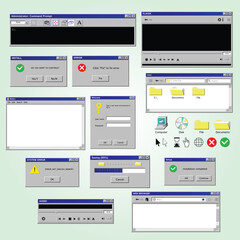 old program windows set with isolated images retro computer app interface with colorful icons buttons vector illustration