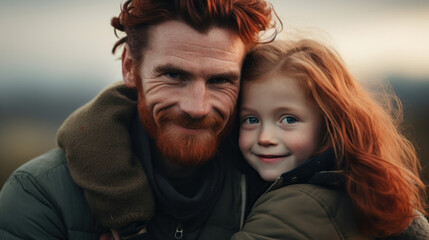 Caucasian red haired father embracing with his cute little child daughter